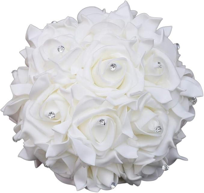 Wedding Bouquet, Creamy Bouquet for Bride Bridesmaid with Diamond Soft Ribbons, Artificial Rose Bridal Holding Flowers for Party Church