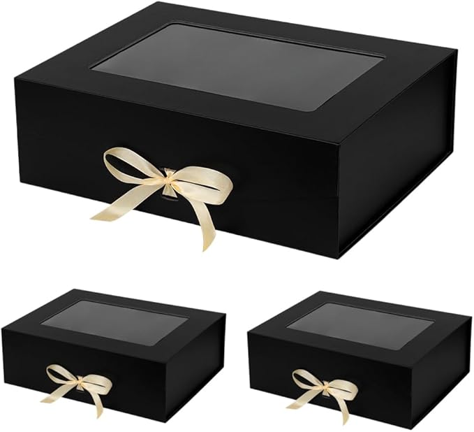 3 Pcs Black Extra Large Gift Box for Presents with Ribbon 16.5x13x5.3 Inches Clear Gift Box with Window Magnetic Closure Gift Boxes with Lids