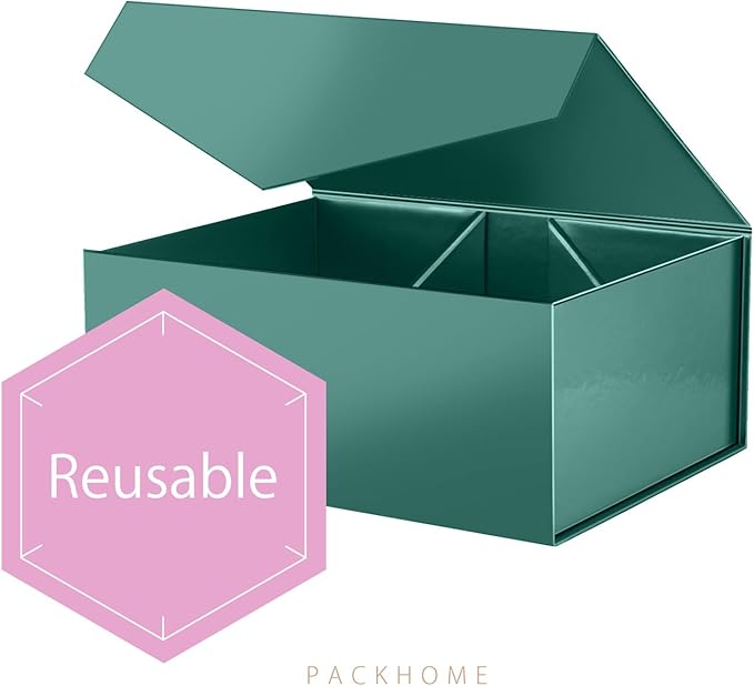 PACKHOME Christmas Gift Box 9x6.5x3.8 Inches, Rectangle Collapsible Box with Magnetic Lid for Xmas Gift Packaging (Glossy Dark Green)