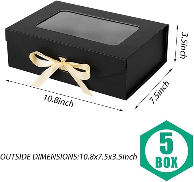 5 Pcs Black Gift Box for Presents with Ribbon 10.8x7.5x3.5 Inches Clear Gift Box with Window Magnetic Closure Gift Boxes with Lids