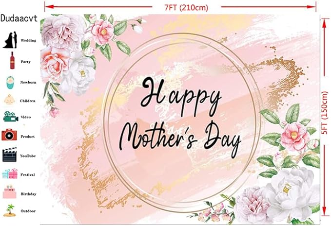 7x5ft Happy Mother's Day Backdrop Love Heart Photography Background Floral Mothers Day Birthday Photography Background for Mother's Day Photo Booth Props