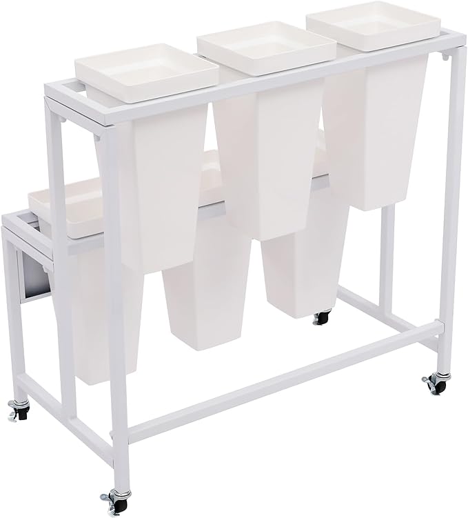 2-Layers Flower Display Stand Metal Flower Display Stand With 6 Pcs Buckets Rolling Plant Stand Flower Cart Moving Florist Bouquet Shelf for Fresh Flower Shop Balcony,Load Capacity 33.07lbs (White)