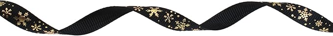 Gold Printing Snowflake Grosgrain Ribbon 25 Yard Each Roll 100% Polyester Woven Edge (3/8", Black)