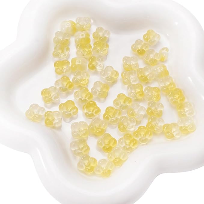 100PCS Glass Flower Beads for Jewelry Making 4 Petal Flower Bead Caps Gradient Cute Floral Beads Aesthetic Charms for Necklace Bracelets Earrings DIY Craft Home Decoration-Yellow