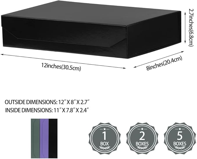 1 Pack Black Gift Box with Lids Small 12 x 8 x 2.7 Inches Clothes Gift Boxes for Presents Shirt Gift Boxes with Ribbon Magnetic Gift Box Bulk Cute Box for Packaging (Glossy Surface)
