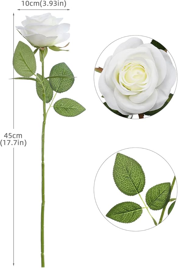 Artificial Rose Flower Artificial Flowers Flower with Long Stem Silk Roses Bouquet for Wedding Bridal Shower Party Home Decoration (White, 30 Pcs)