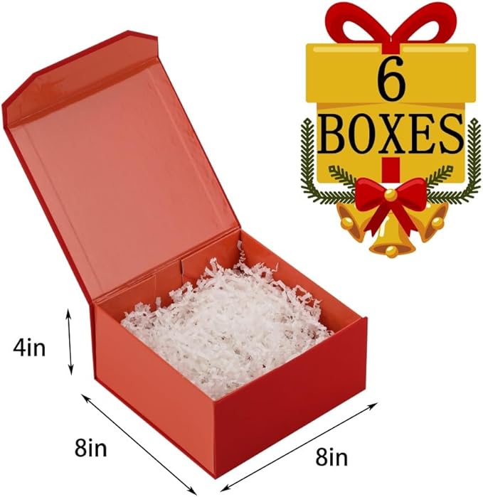 6 Pcs Small Red Gift Box 8x8x4 Inch Magnetic Box with Crinkle Paper Red Small Gift Box with Shredded Paper Luxury Gift Boxes with Lids for Presents