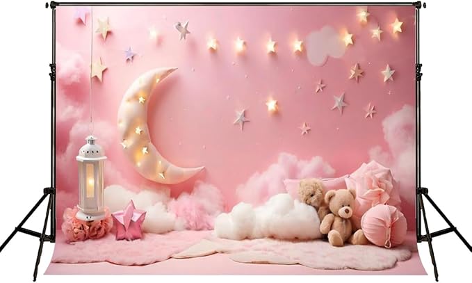 7x5ft Pink Cotton Cloud Backdrop Pink Flowers Moon and Stars Light Decor Cute Teddy Photography Background Children Baby Shower Backdrops for Shoot Photo Video Prop