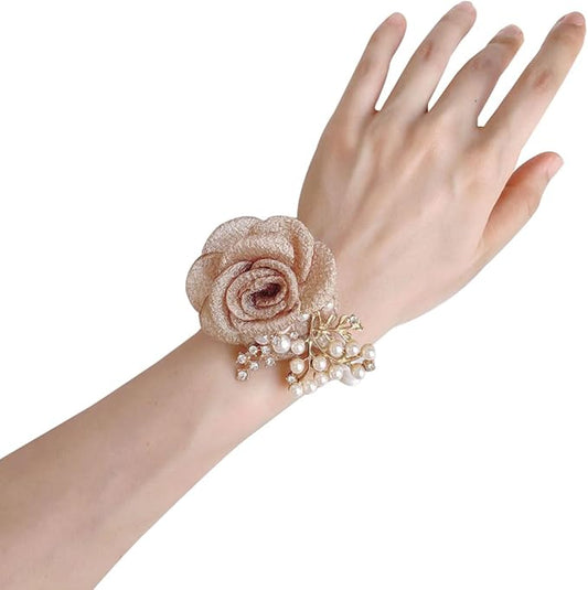 1PCS Wedding Wrist Flower,Bridesmaid Bride Wrist Flower Corsage Decoration Hand Flowers,Champagne Gold