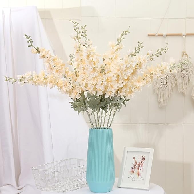 8pcs Delphinium Artificial Flowers 33.5in Long Stem Larkspur Fake Silk Flowers for Tall Vase Faux Flowers for Home Wedding Baby Shower Floral Arrangement Centerpiece Table Decoration (Champagne)