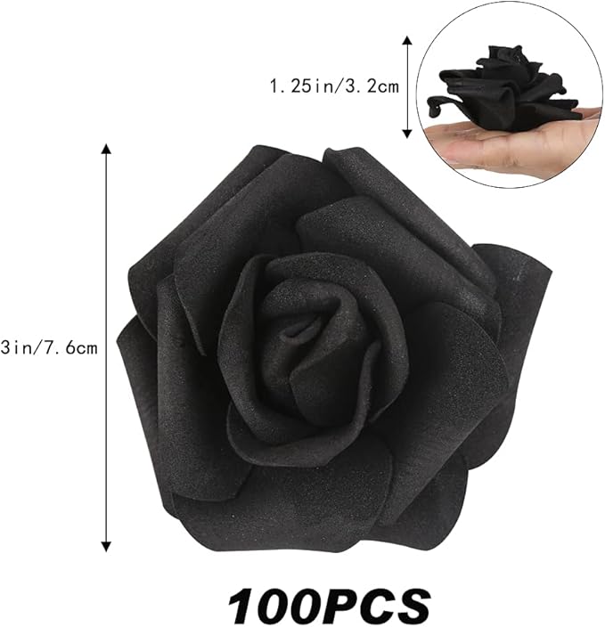 Artificial Rose Flower Heads, 100pcs Black Fake Roses Artificial Flower Foam Rose Heads for DIY Wedding Bouquets Centerpieces Arrangements Party Baby Shower Home Decor (Stemless, Black)