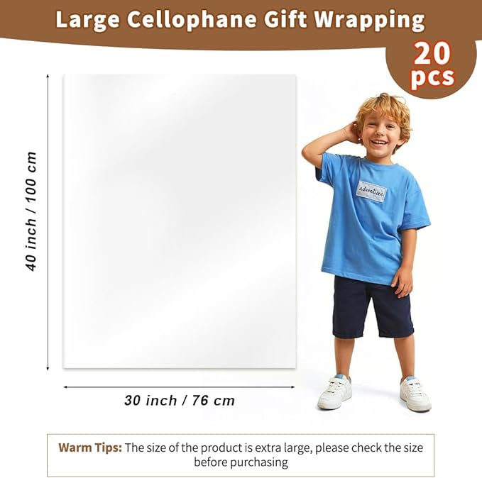 STPIYFZU 20PCS Large Cellophane Bags 30x40 Inch Christmas Clear Cellophane Wrap for Gift Baskets, 2.5 Mil Thick Clear Plastic Gift Bags for Christmas Birthday Baby Shower Wedding Raffles Party Favors