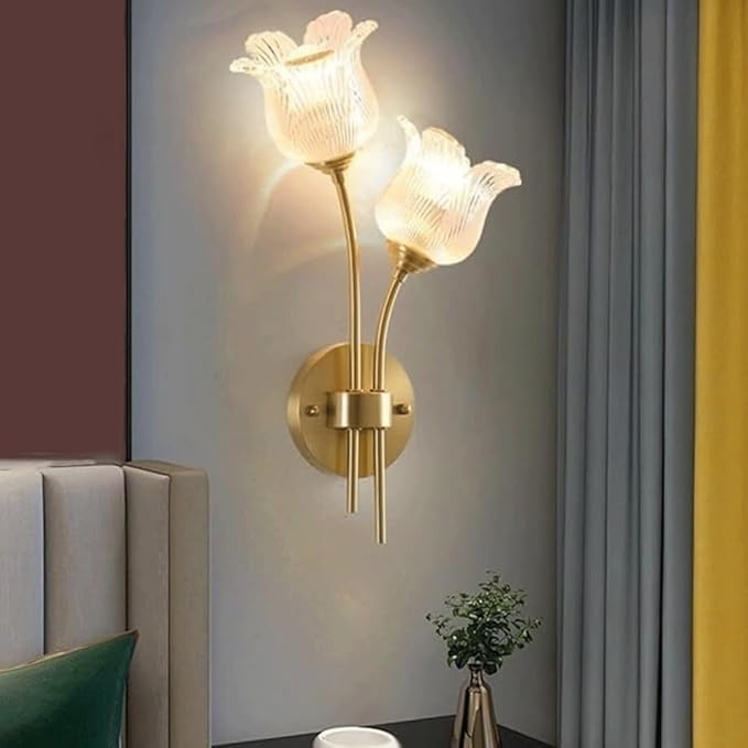 Elegant Double Head Wall Sconce, Vintage Brass Floral Design with Fluted Clear Glass Tulip Shades, Brushed Gold Accent Lamp for Living Room, Bedroom Bedside, Dining Room Decor