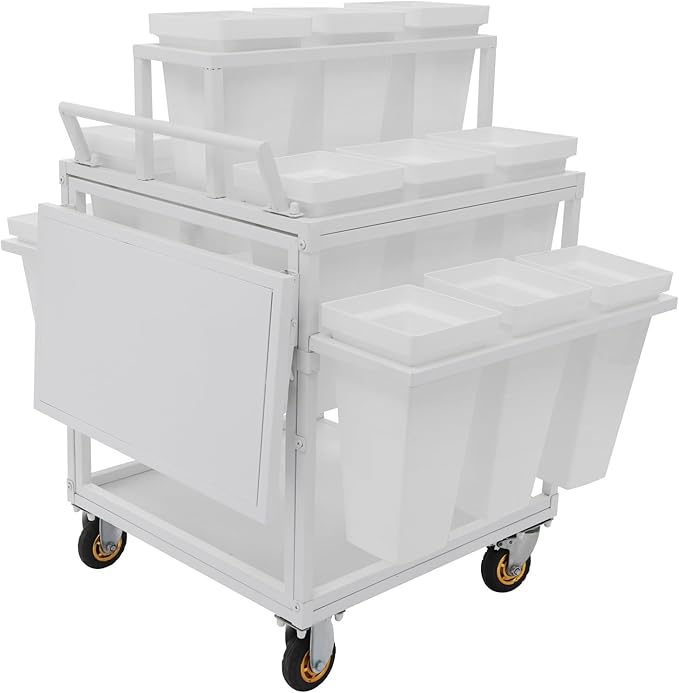 6-Tier Flower Display Stand Indoor Movable Flower Stand with 18 Buckets Plants Display Rack Cart with Wheels Metal Florist Bouquet Stand for Florist Patio Garden,23.62*23.62*36.61in (White)