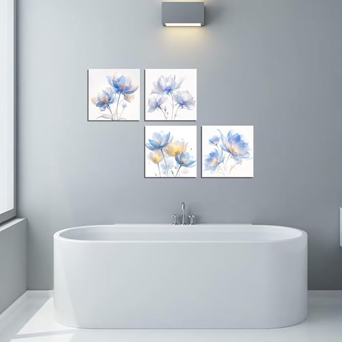 Pankila Blue Flickering Flower Abstract Canvas Wall Art Floral Poster Modern Flowers Pictures Wall Decor for Living Room Bedroom Bathroom Home Decorations Framed Artwork (20''W x 20''H x 4)