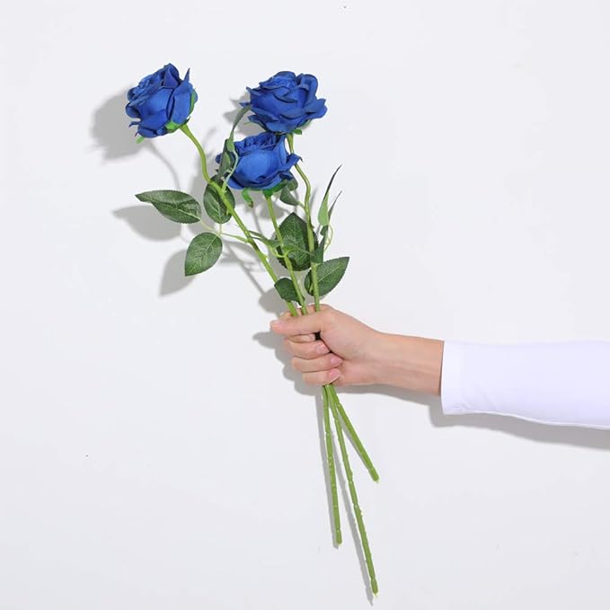 Nubry Artificial Silk Rose Flower Bouquet Lifelike Fake Rose for Wedding Home Party Decoration Event Gift 10pcs (Blue)