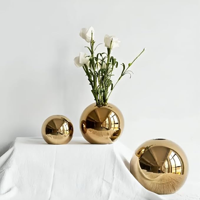 Ceramic Flower Vase for Home Decor – Round Ball Vase for Table, Shelf, Living Room Centrepiece | Modern Decorative Item for Home Office Decor (Gold) (Medium)