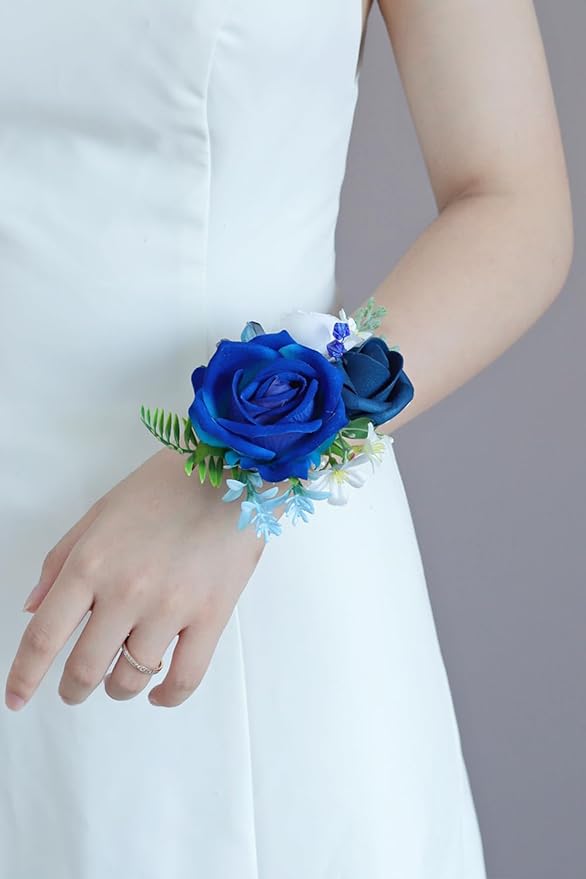 Royal Blue Corsage and Boutonniere Set, Prom Wedding Homecoming Wrist Corsage Wristlet and Boutonniere Set for Grooms Groomsmen Guest Bridal Bridesmaid Artificial Flower Suit Decoration