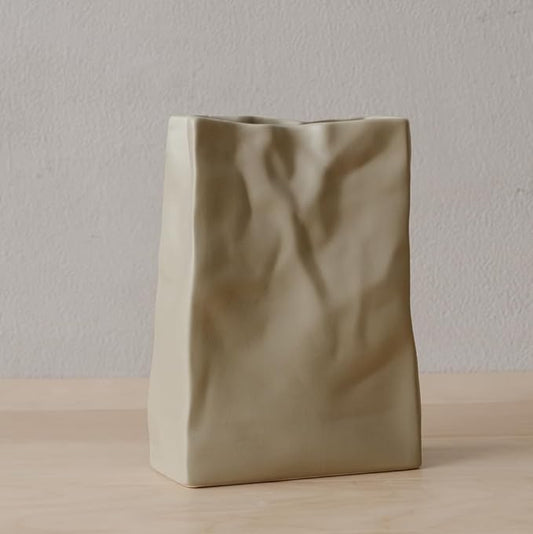 Crinkle Paper Bag Shape Ceramic Vase, Large Capacity for Flower Arrangement, Bookshelf Decorative (Coconut Café)