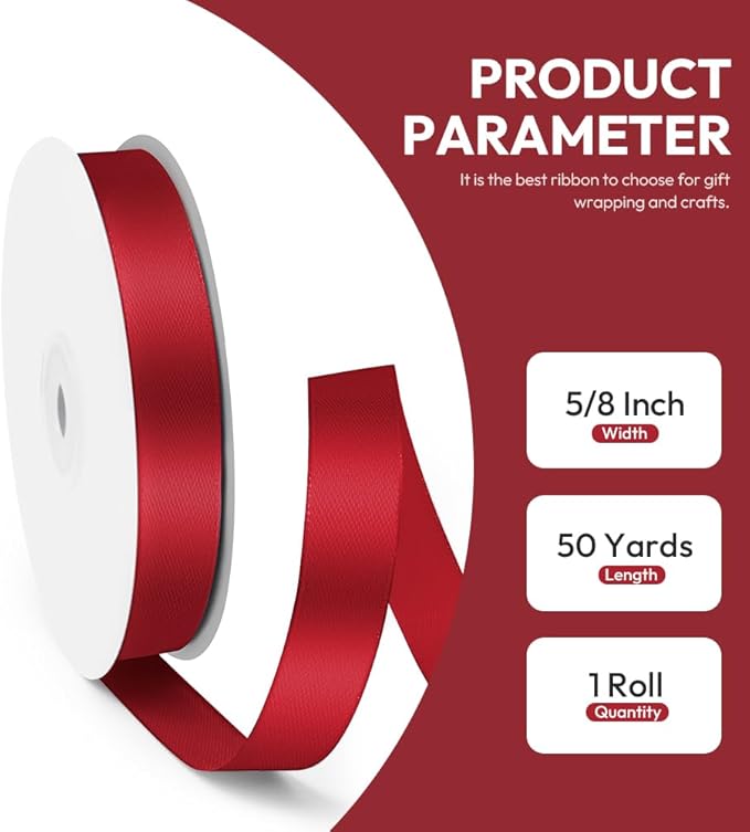 5/8" x 50 Yards Satin Ribbon - Burgundy Silk Ribbon with Spool - Ideal for Gift Wrapping, Floral Bouquets, Crafts, Wedding Party Decorations, Christmas and Sewing Projects