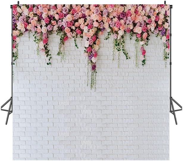 LTLYH 8x8ft White Brick Wall Flowers Background Spring Theme Photography Backdrop for Mother's Day Valentine Wedding Bridal Baby Shower Birthday Party Decor Banner Portrait Photo Booth Prop 134………