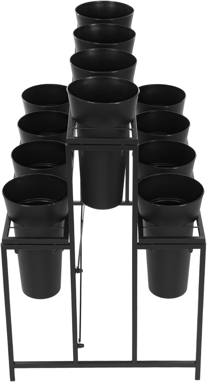 Flower Display Stand with 12 Pcs Buckets 3 Layers Metal Plant Stand Plant Cart Shelf Flower Bucket Rack Stand for Indoor Florist Garden Patio (Black Stand-Black Round Buckets)