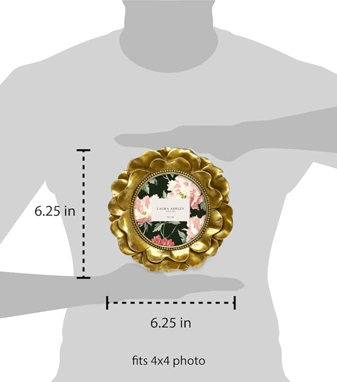 Laura Ashley 4x4 Gold Round Resin Ornate Flower Design Picture Frame with Beaded Border, for Tabletop and Wall Display, Floral Home Décor (Gold)