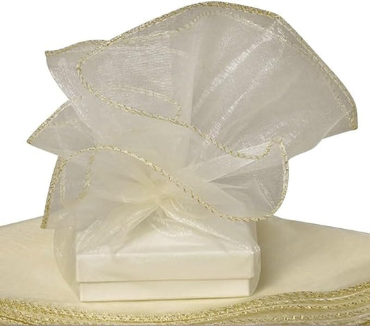 Paper Mart Organza Circles with Gold Satin Edges, 18 Inch Ivory Circles, Ivory Mesh Gift Wraps for Bouquets, Rice Bags, and Bows, Pack of 12
