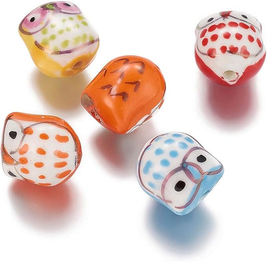 Beadthoven 5pcs Owl Porcelain Beads Lucky Animal Ceramic Beads Colorful Printed Cute Owl Bird Handmade Large Hole Ceramic Loose Spacers for Bracelets Necklace DIY Jewelry Making 17x15mm Hole: 3mm