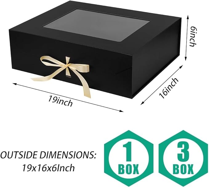Extra Large Black Gift Box for Presents with Ribbon 19x16x6 Inches Clear Gift Box with Window Magnetic Closure Gift Boxes with Lids