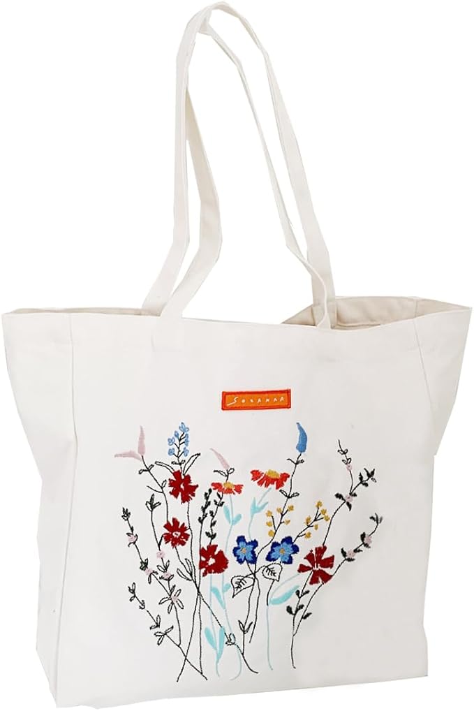 Cotton Canvas Tote Bag Reusable Soft Grocery Cloth Bag Floral Shoulder Bag for Beach Travel Shopping