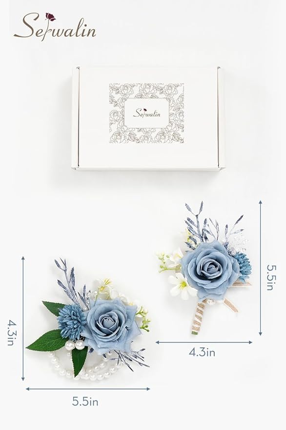 Serwalin Corsage and Boutonniere Set, Boutonniere and Wrist Corsage Wristlet Prom Homecoming Wedding Flowers Accessories Prom Suit Decorations (Blue & Dusty Blue)