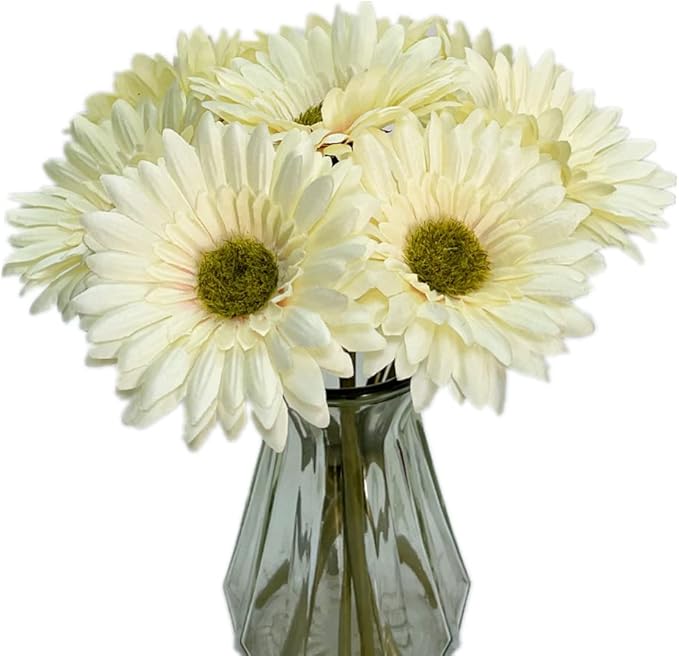 10PCS Artificial Gerbera Daisy Silk Flowers Faux Flower for Party Home Kitchen Garden Wedding Decor (Cream White)