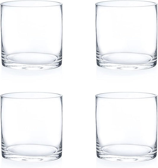Enova Floral Set of 4 Clear Glass Cylinder Vase, 6W x 6H Inches Round Flowers Vase, Pillar Candle Floating Candle Holders Vase, Small Floral Glass Vase for Home Office Decor, Wedding Centerpiece