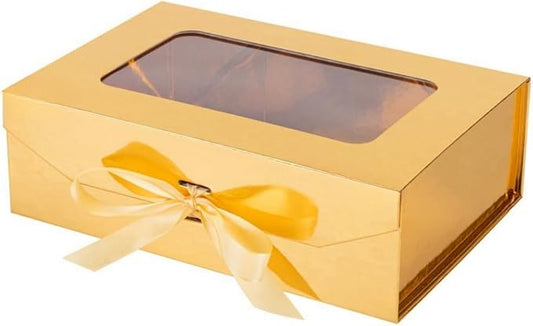 Gold Gift Box for Presents with Ribbon 10.8x7.5x3.5 Inches Clear Gift Box with Window Magnetic Closure Gift Boxes with Lids
