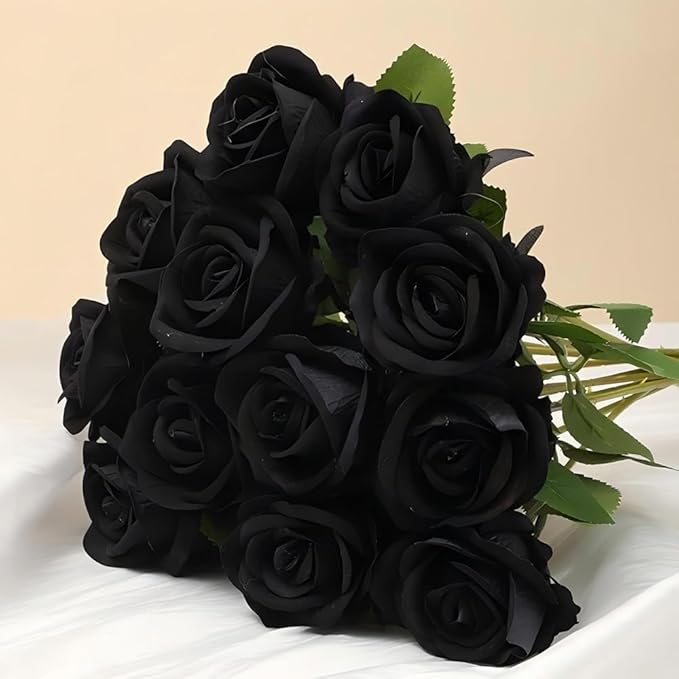 Jasion 12PCS Artificial Roses Realistic Velvet Silk Flowers Long Stem Faux Flowers Bouquet for Wedding Home Party Table Centerpieces Decorations (Black)