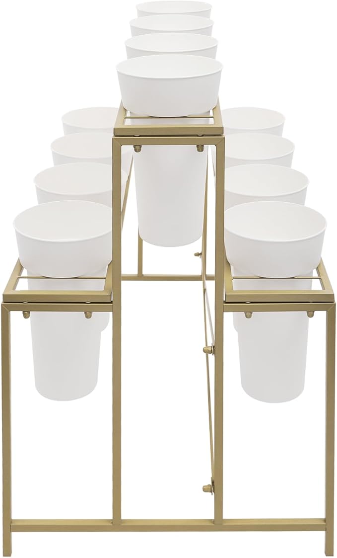 Flower Display Stand with 12 Pcs Buckets 3 Layers Metal Plant Stand Plant Cart Shelf Flower Bucket Rack Stand for Indoor Florist Garden Patio (Gold Stand-White Round Buckets)