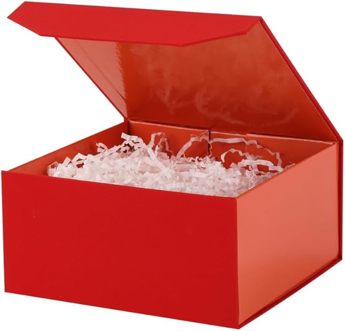 6 Pcs Small Red Gift Box 8x8x4 Inch Magnetic Box with Crinkle Paper Red Small Gift Box with Shredded Paper Luxury Gift Boxes with Lids for Presents
