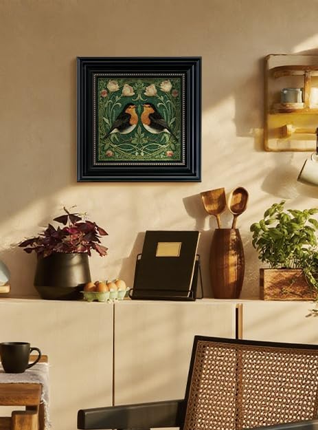 Vintage 3D Textured Bird and Flower Framed Wall Art 16x16, Square Robin Floral Botanical Print Sandstone Surface Artwork, Rustic Nature Living Room Bedroom Farmhouse Entryway Home Decor
