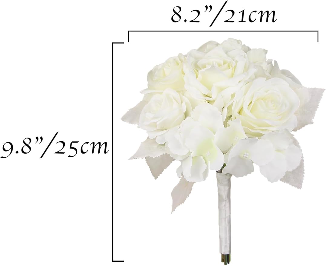 Rinlong 8.2 Inch Wedding Bouquets for Bridesmaids Bride White Rose Artificial Flowers Bridesmaids Bridal Bouquet for Wedding Prom