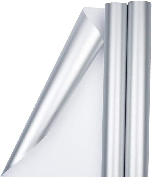 JAM Paper Gift Wrap - Matte Wrapping Paper - 50 Sq Ft Total (30 in x 10 Ft Each) - Matte Silver Foil - 2 Rolls/Pack