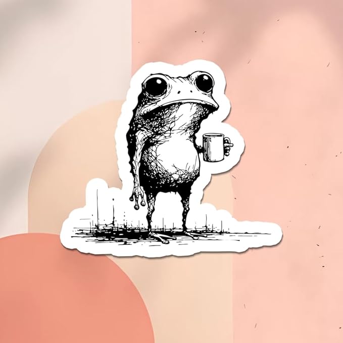 HANDICHI Design 5-Pack 4 Inch Funny Coffee Frog Stickers – Grunge Meme Vinyl Decals – Tired Frog Holding Coffee Cup Aesthetic Sticker Pack for Laptops, Water Bottles, Journals, and Scrapbooks