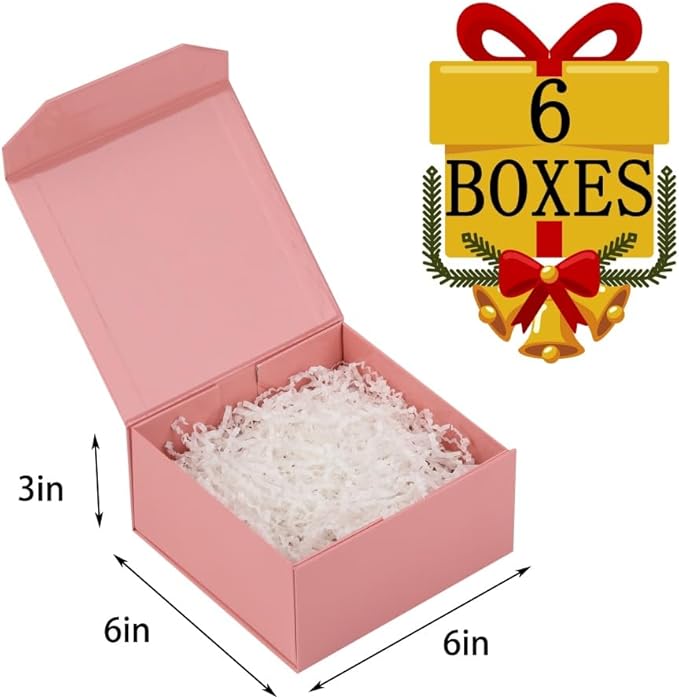 6 Pcs Small Pink Gift Box 6x6x3 Inch Magnetic Gift Box Small Magnetic Box with Crinkle Paper Pink Small Gift Box with Shredded Paper Luxury Gift Boxes with Lids for Presents