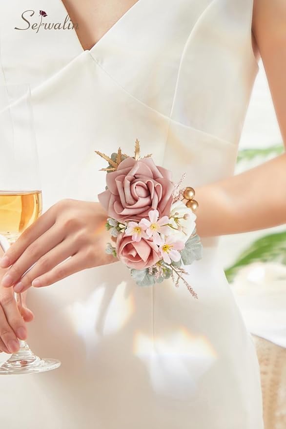 Serwalin Set of 2 Wrist Corsage for Wedding, 6-7 Inc𝗵 Corsages for Bridesmaid Mother Grandmother, Artificial Flowers for Prom Ceremony Anniversary Cake Topper(Pink)