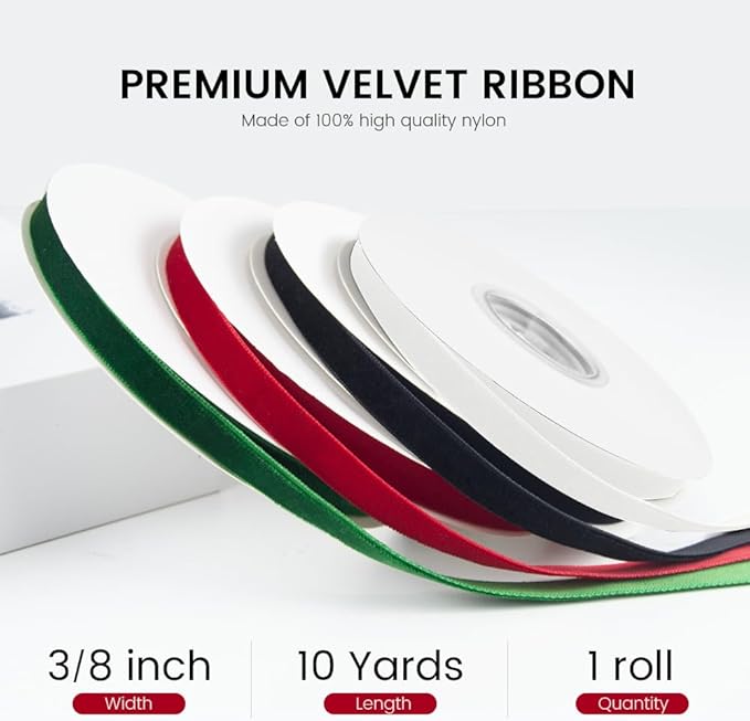 3/8" Wide x 10 Yards Velvet Ribbon, Vintage Single Face Velvet Ribbons for Gift Wrapping, Christmas Wrapping Bows, Wedding Decor, Sewing and More (Black)