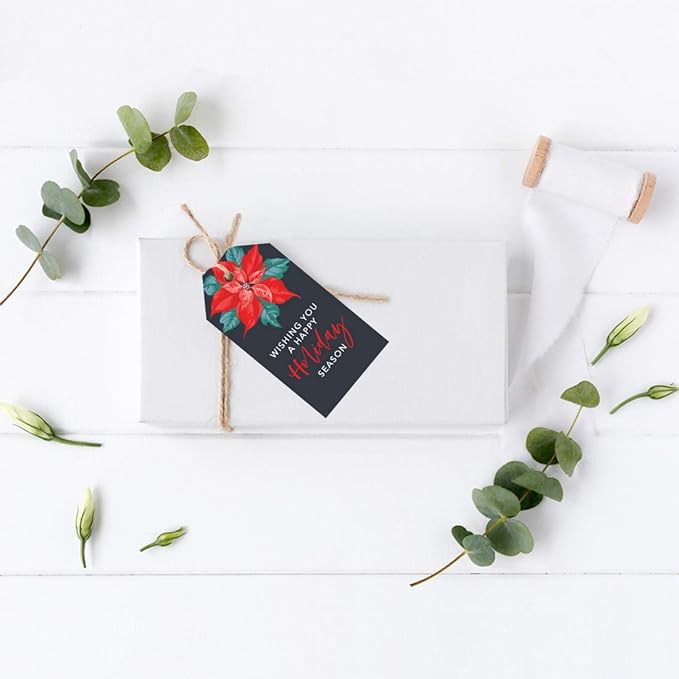 Andaz Press Christmas Holiday Season Classic Gift Tags, Happy Holidays to from and Wishing You A Happy Holiday Season, Christmas Poinsettia Design, for Holiday Events, Parties, and Favors, 60-Pack