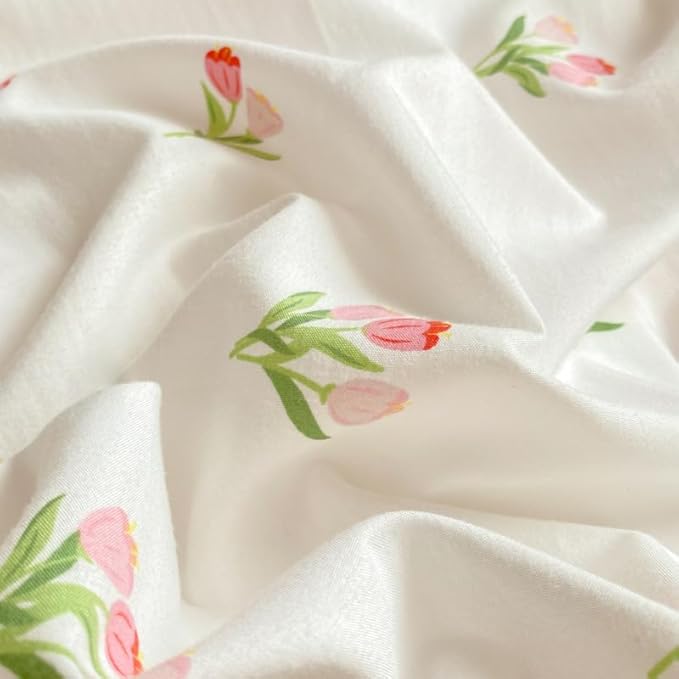 Nayoroom Pink Floral Duvet Cover Full Size Coquette Tulip Printed on White Reversible Comforter Cover 3 Pcs Girls Cottagecore Bedding Set with Pillow Sham Soft Lightweight Microfiber
