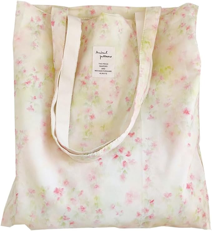 Cotton Canvas Tote Bag Reusable Soft Grocery Cloth Bag Floral Shoulder Bag for Beach Travel Shopping