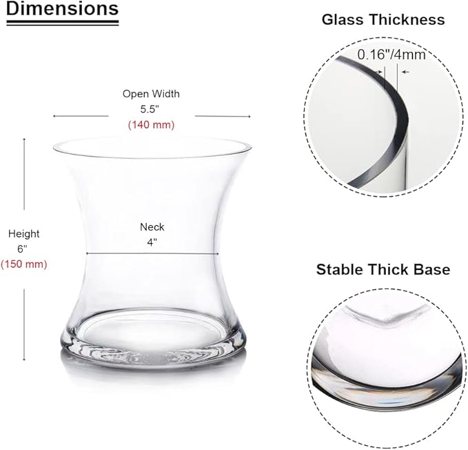 Enova Floral Unique Bouquet Vase, 5.5" W 6" H, Clear Short Hurricane Concaved Glass Flowers Vase for Home Wedding Event Decor (1 Piece)