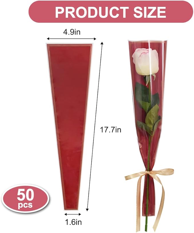 BEISHIDA 50 PCS Single Rose Sleeve Plastic Flower Wrapping Bags Cellophane Flower Sleeves for Florist Bouquet Supplies Mother's Day Valentine's Day (Red and Champagne)